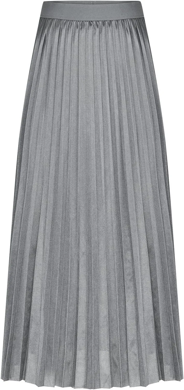 Womens Pleated Midi Skirts Elastic High Waist A-Line Ankle Length Skirt Ladies Elegant Evening Party Skirts