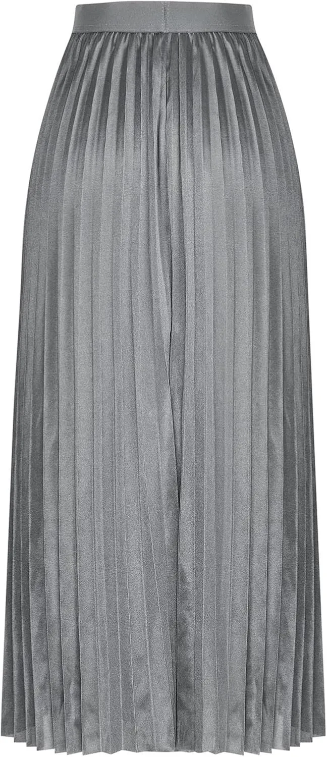 Womens Pleated Midi Skirts Elastic High Waist A-Line Ankle Length Skirt Ladies Elegant Evening Party Skirts