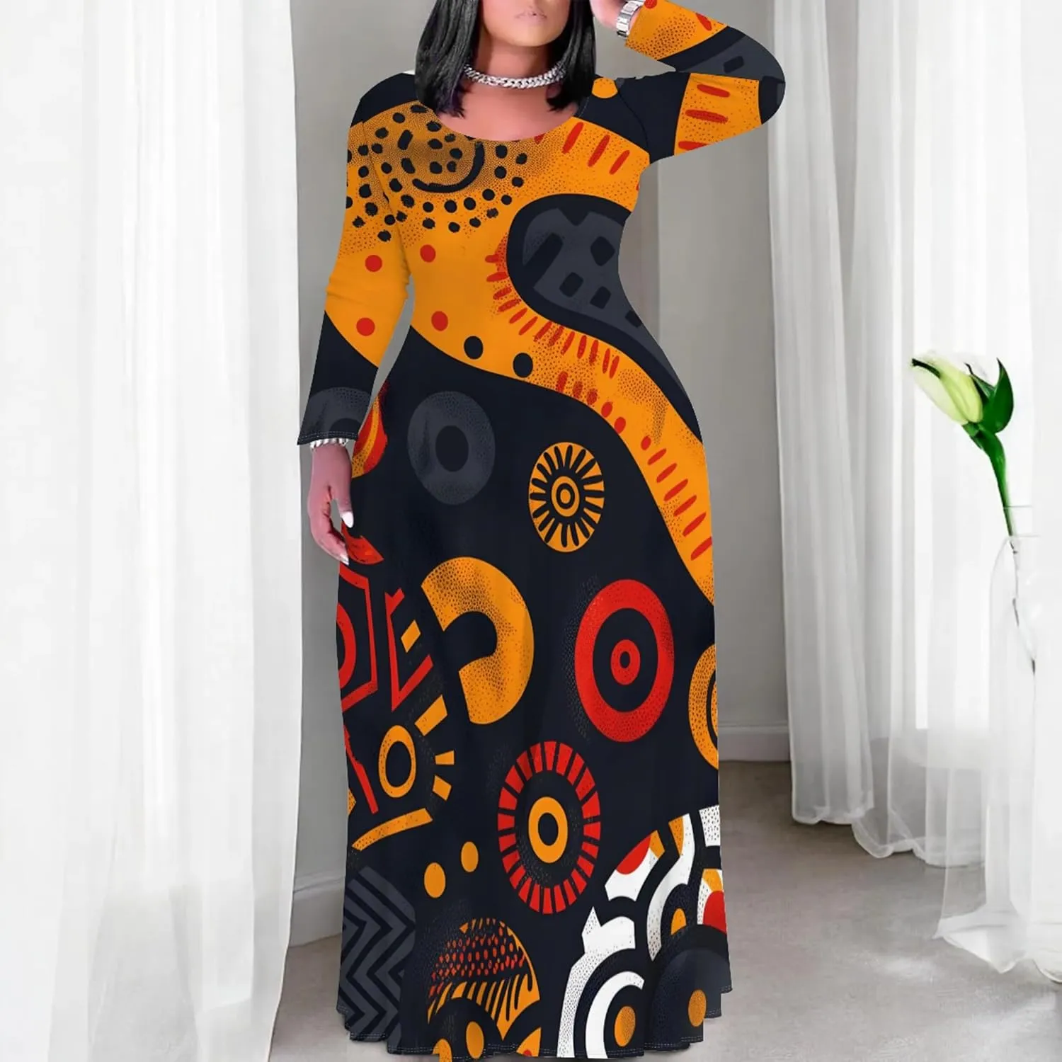 Women's Plus Size African Ethnic Style Maxi Dress Long Sleeve Tank Dress Autumn T Shirt Beach Maxi Dress with Pockets