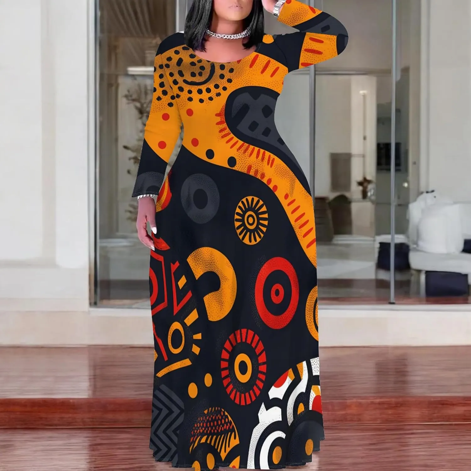 Women's Plus Size African Ethnic Style Maxi Dress Long Sleeve Tank Dress Autumn T Shirt Beach Maxi Dress with Pockets