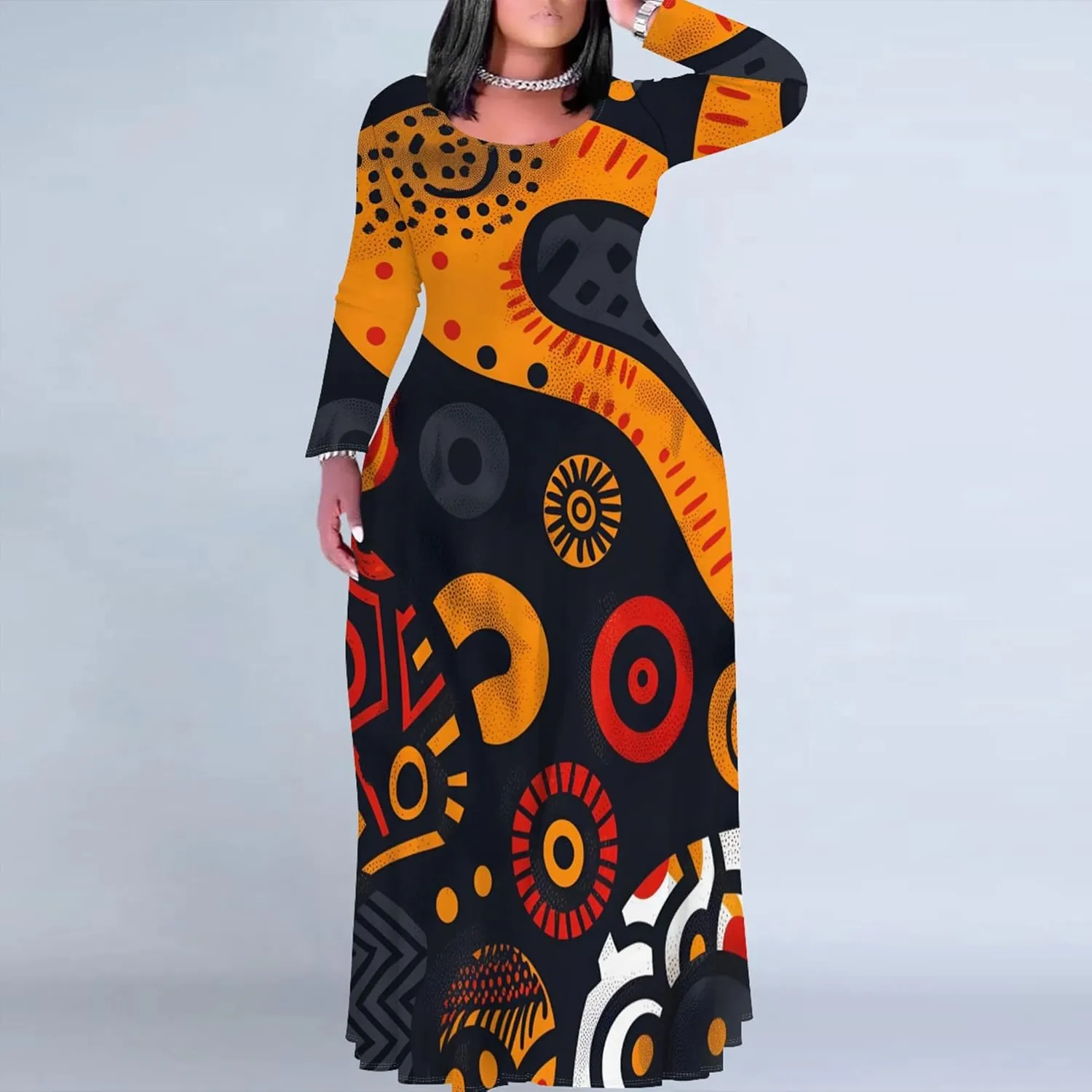 Women's Plus Size African Ethnic Style Maxi Dress Long Sleeve Tank Dress Autumn T Shirt Beach Maxi Dress with Pockets