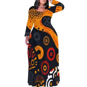 Women's Plus Size African Ethnic Style Maxi Dress Long Sleeve Tank Dress Autumn T Shirt Beach Maxi Dress with Pockets