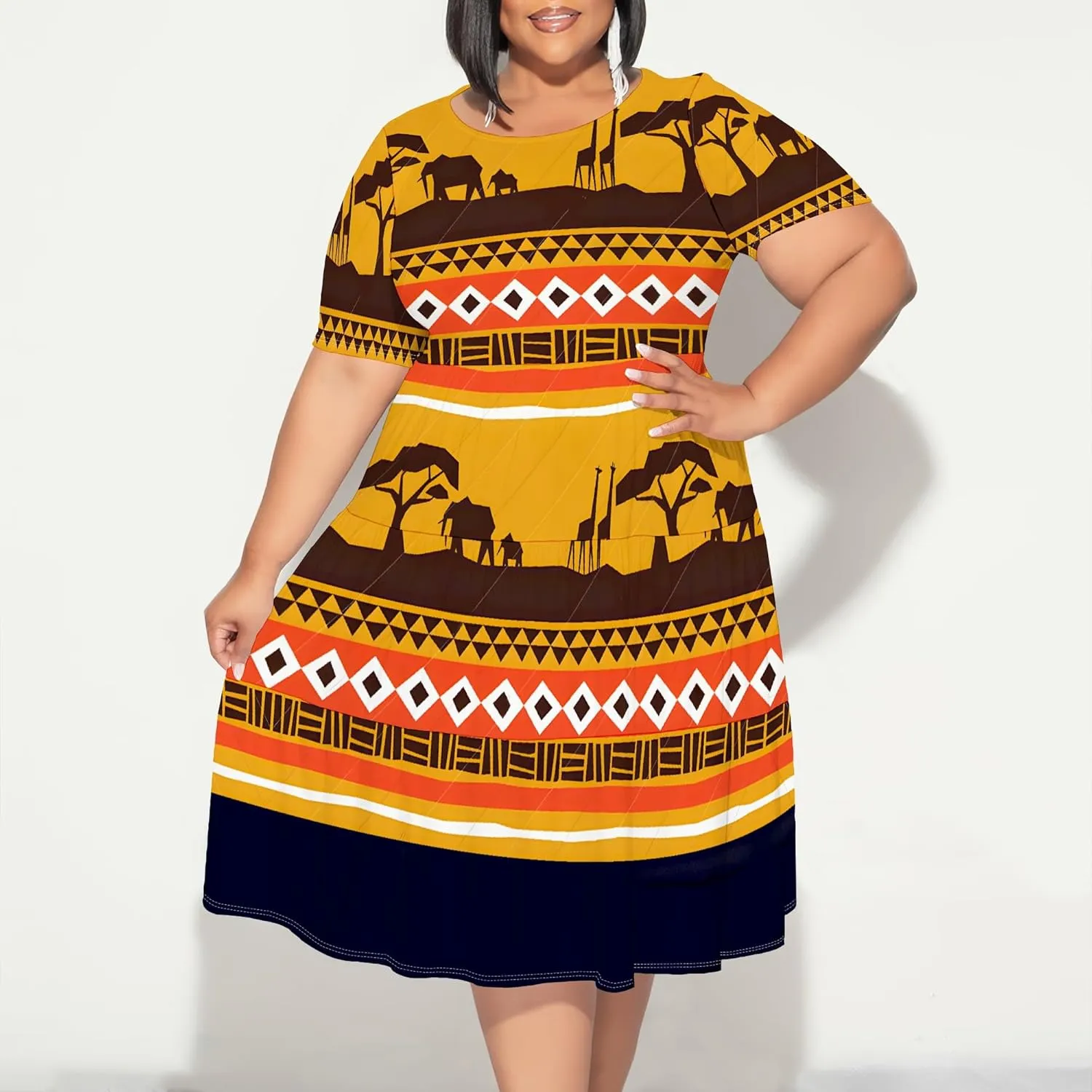 Women's Plus Size Casual Summer Layered Dress Short Sleeves Round Neck Ruffle Hem Loose Flowy Midi Babydoll Dress