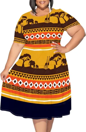 Women's Plus Size Casual Summer Layered Dress Short Sleeves Round Neck Ruffle Hem Loose Flowy Midi Babydoll Dress