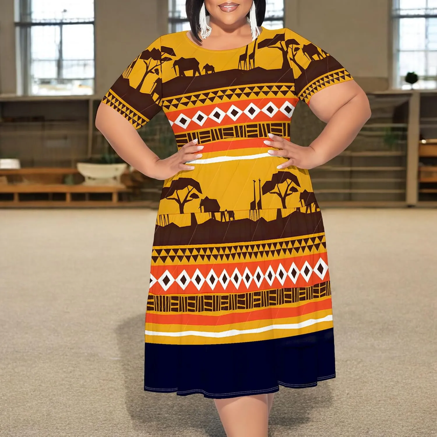 Women's Plus Size Casual Summer Layered Dress Short Sleeves Round Neck Ruffle Hem Loose Flowy Midi Babydoll Dress