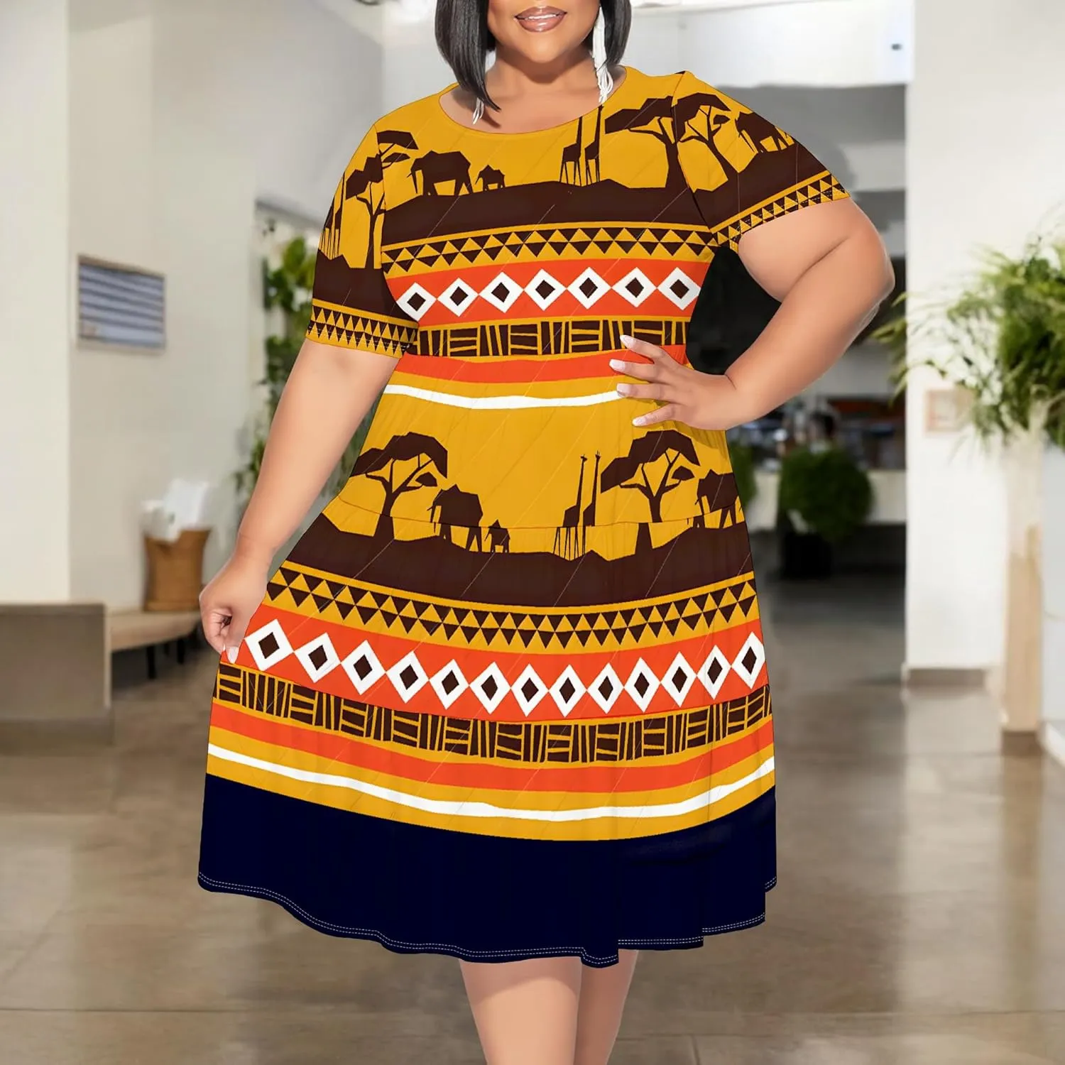 Women's Plus Size Casual Summer Layered Dress Short Sleeves Round Neck Ruffle Hem Loose Flowy Midi Babydoll Dress