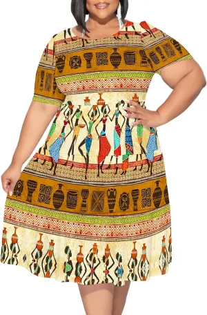 Women's Plus Size Casual Summer Layered Dress Short Sleeves Round Neck Ruffle Hem Loose Flowy Midi Babydoll Dress
