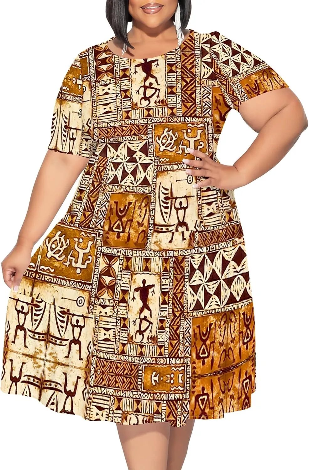 Women's Plus Size Casual Summer Layered Dress Short Sleeves Round Neck Ruffle Hem Loose Flowy Midi Babydoll Dress