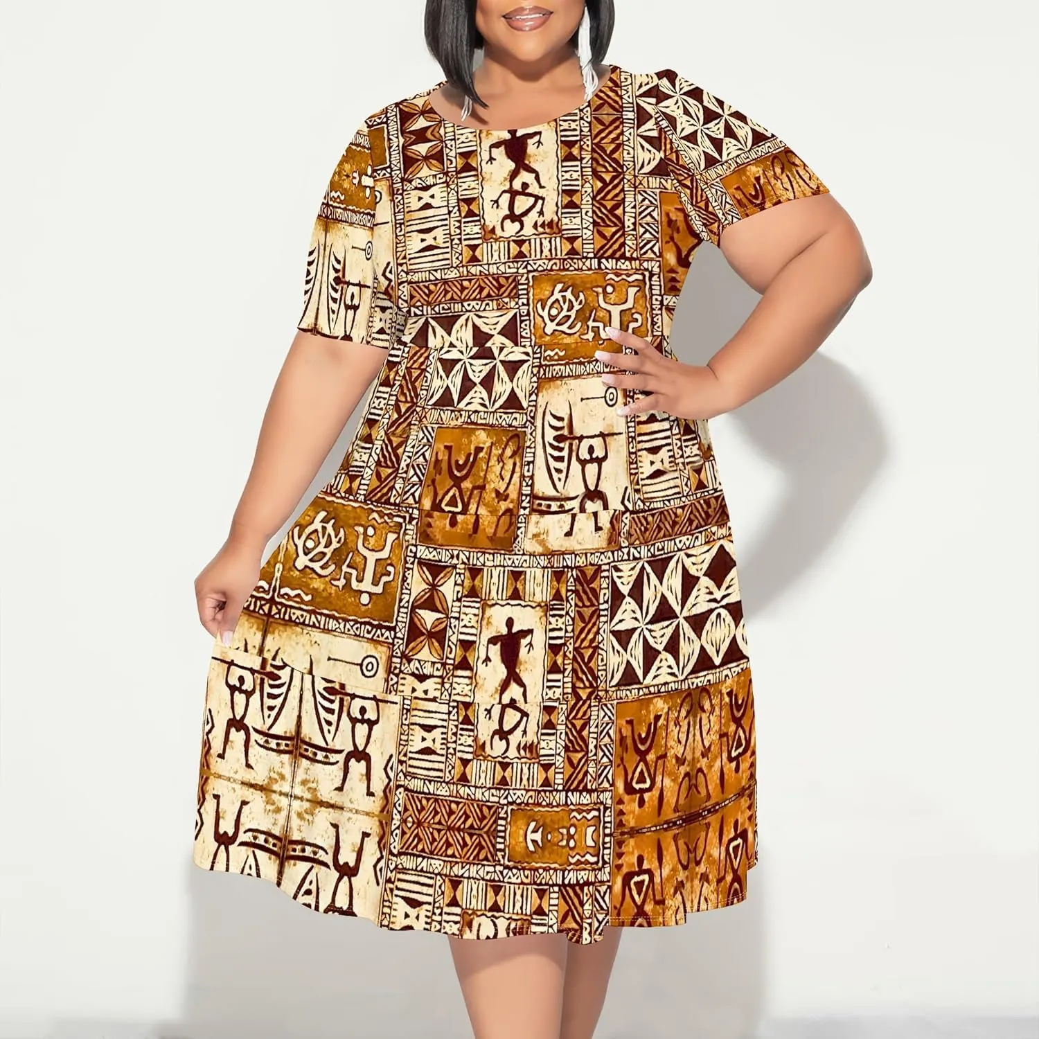 Women's Plus Size Casual Summer Layered Dress Short Sleeves Round Neck Ruffle Hem Loose Flowy Midi Babydoll Dress