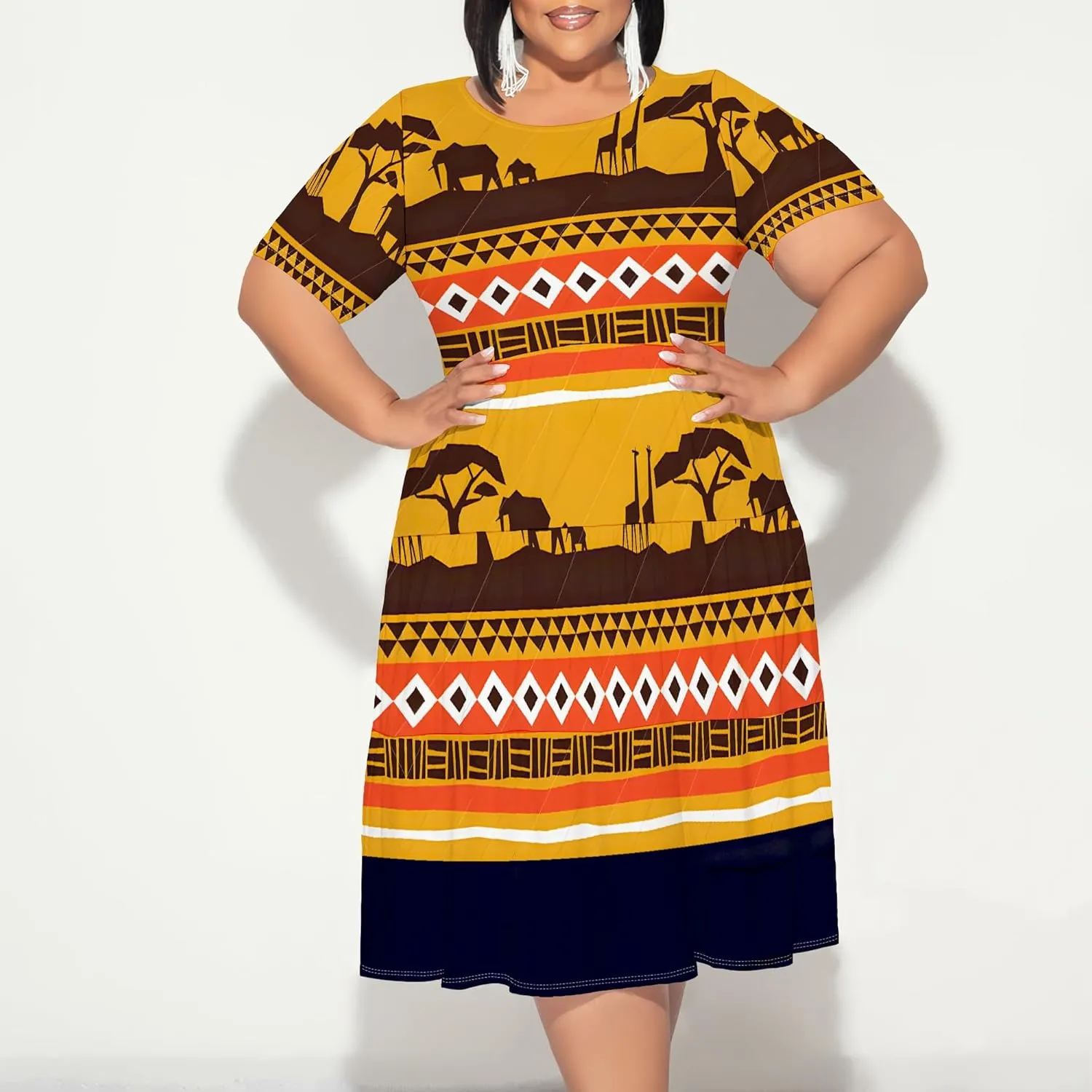Women's Plus Size Casual Summer Layered Dress Short Sleeves Round Neck Ruffle Hem Loose Flowy Midi Babydoll Dress