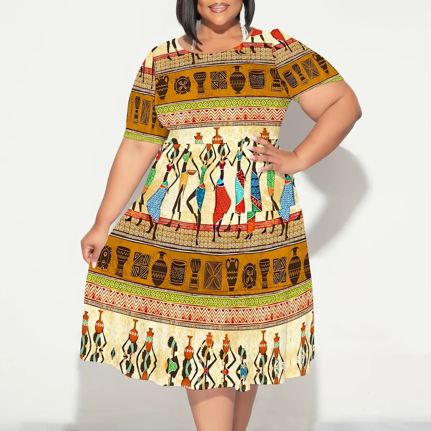 Women's Plus Size Casual Summer Layered Dress Short Sleeves Round Neck Ruffle Hem Loose Flowy Midi Babydoll Dress