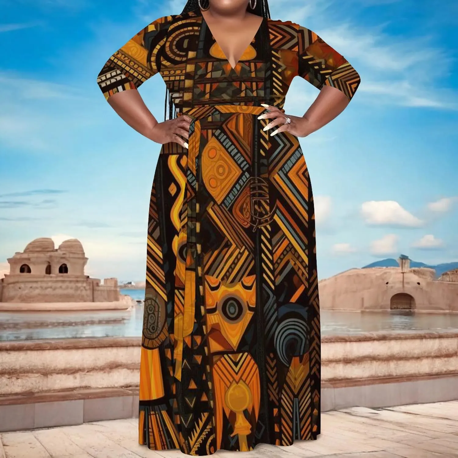 Women's Plus Size Maxi Dress Summer Casual 3/4 Sleeve African Style Fashion V Neck Sexy Flowing Dress with Belt