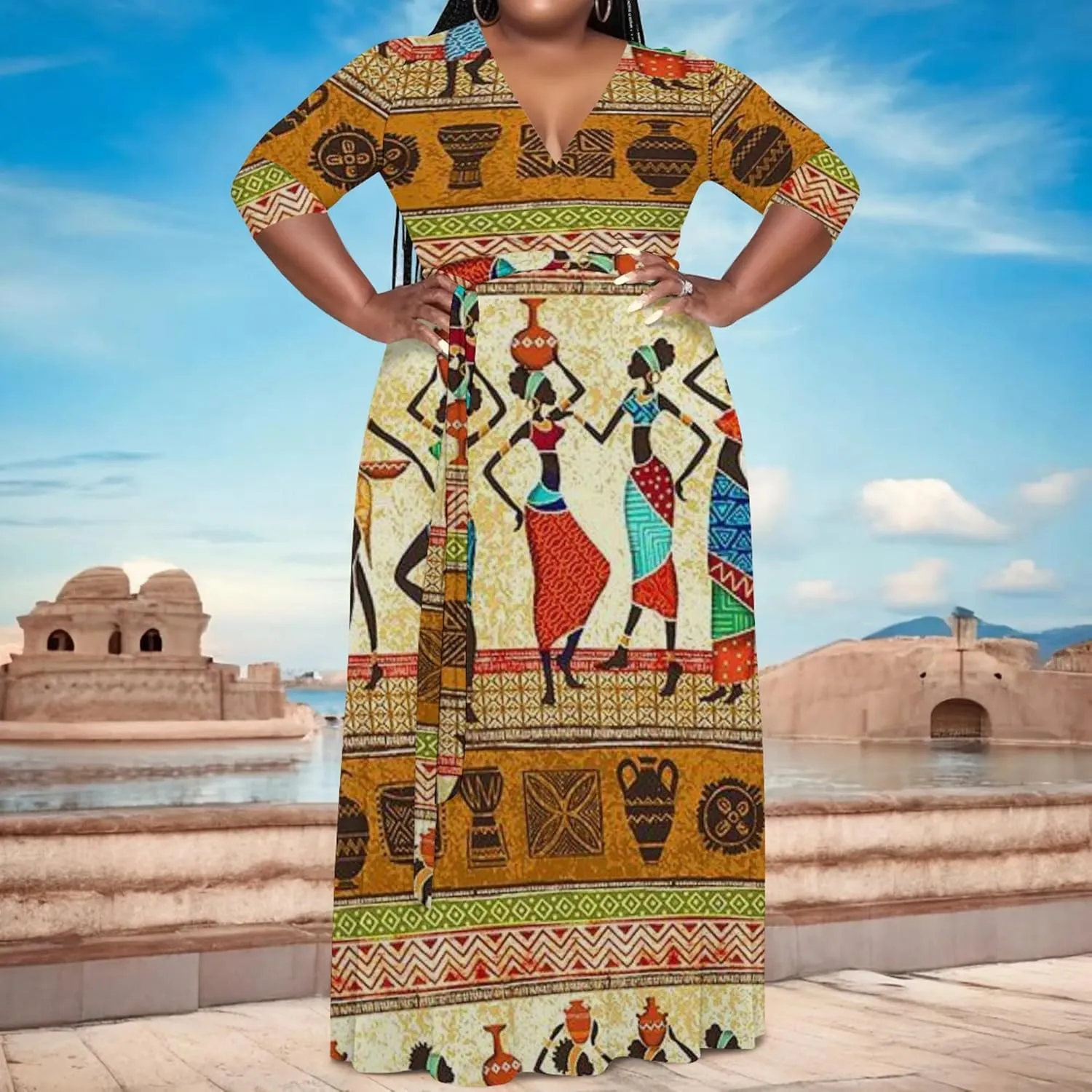 Women's Plus Size Maxi Dress Summer Casual 3/4 Sleeve African Style Fashion V Neck Sexy Flowing Dress with Belt