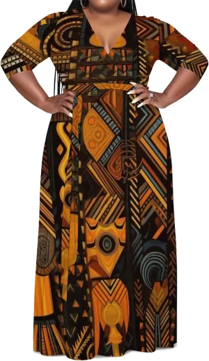 Women's Plus Size Maxi Dress Summer Casual 3/4 Sleeve African Style Fashion V Neck Sexy Flowing Dress with Belt