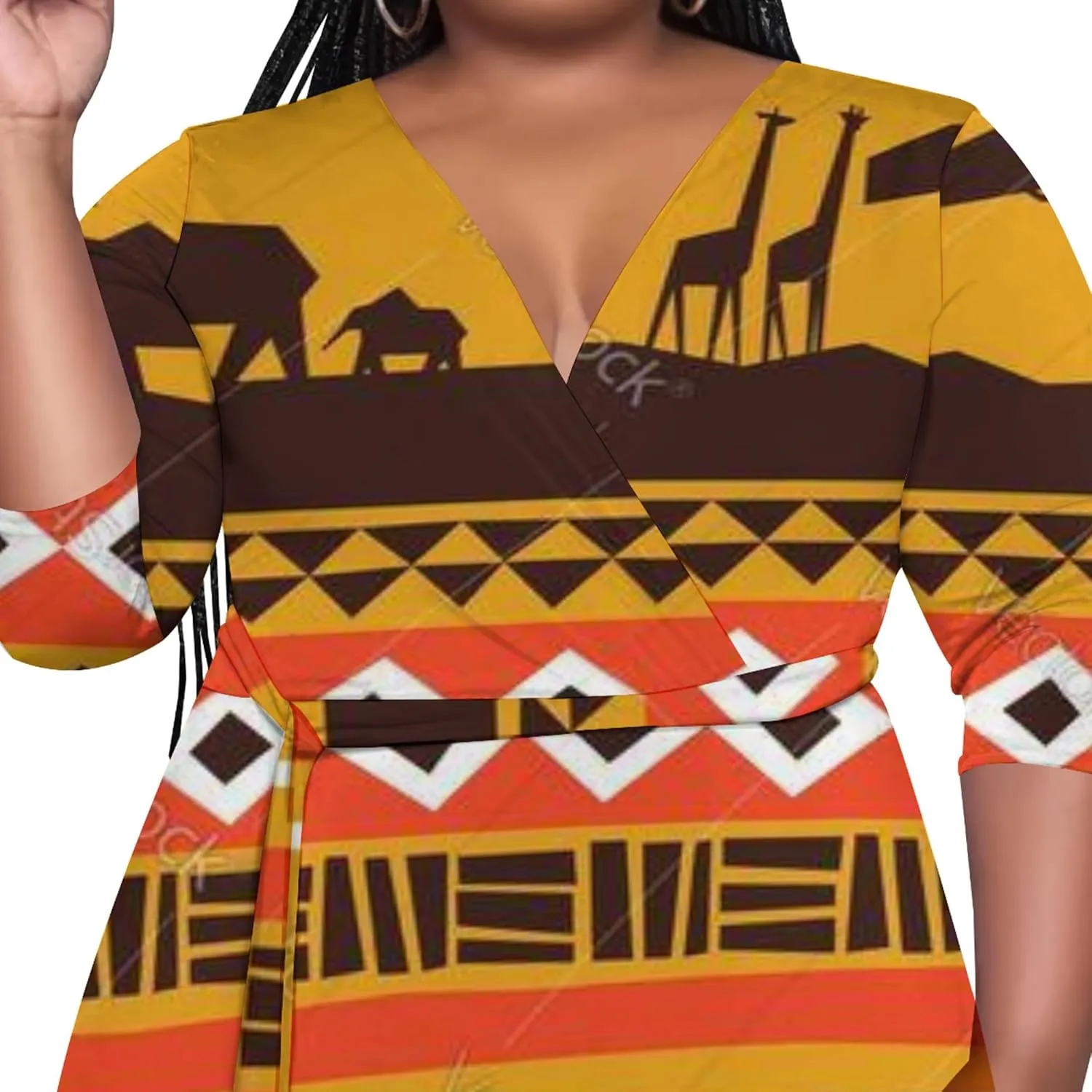 Women's Plus Size Maxi Dress Summer Casual 3/4 Sleeve African Style Fashion V Neck Sexy Flowing Dress with Belt