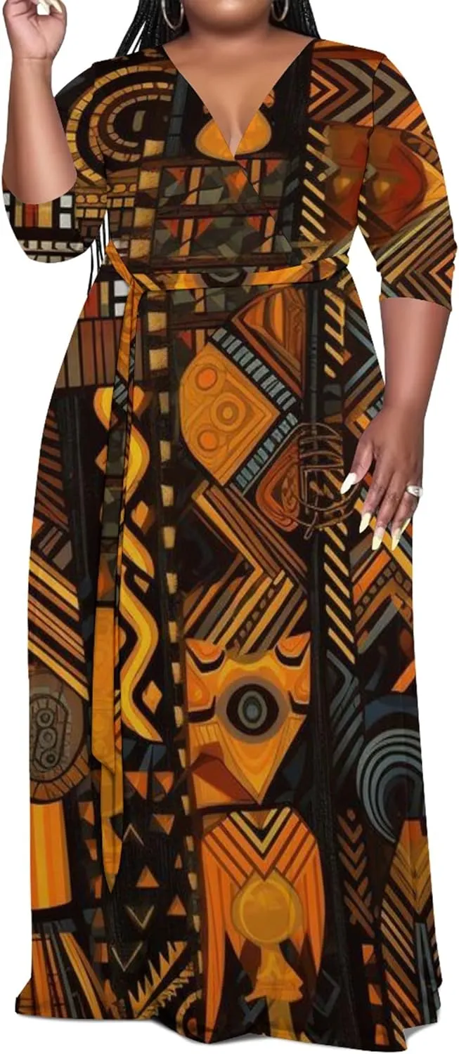 Women's Plus Size Maxi Dress Summer Casual 3/4 Sleeve African Style Fashion V Neck Sexy Flowing Dress with Belt