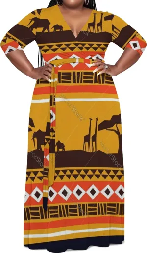 Women's Plus Size Maxi Dress Summer Casual 3/4 Sleeve African Style Fashion V Neck Sexy Flowing Dress with Belt