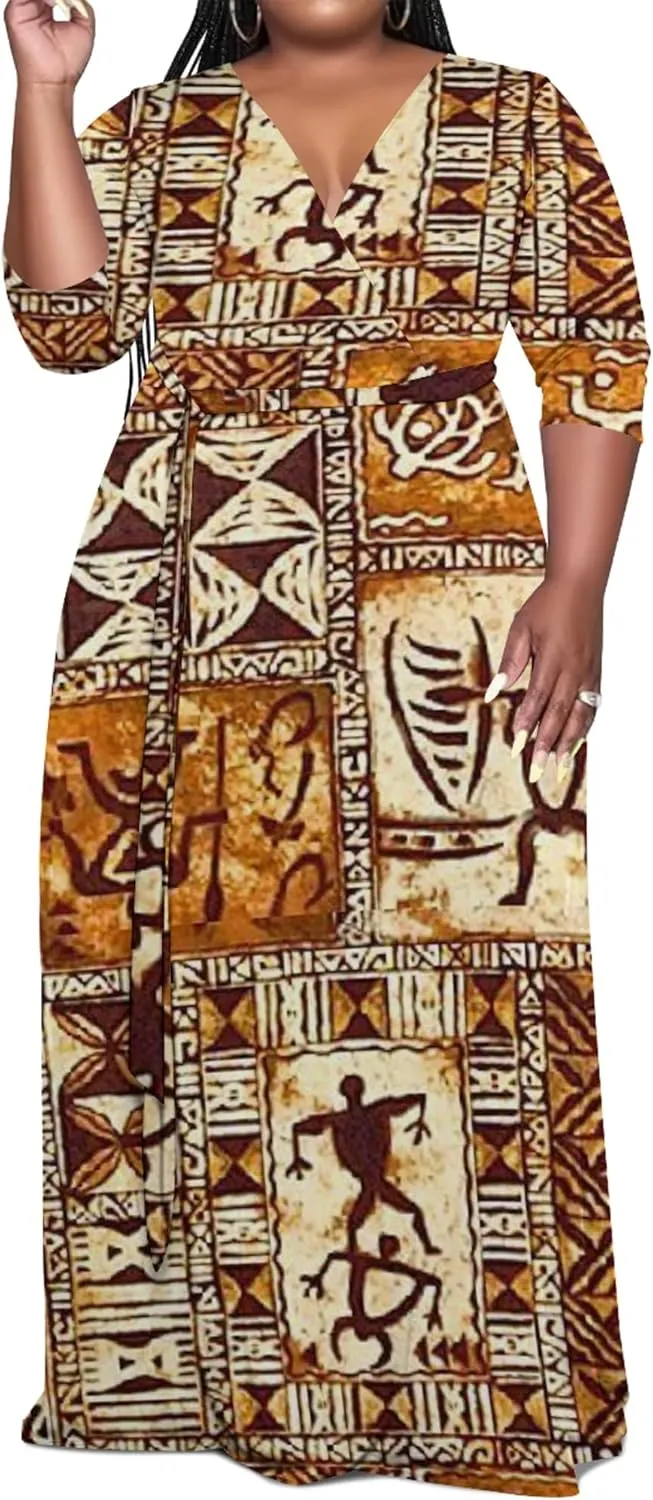 Women's Plus Size Maxi Dress Summer Casual 3/4 Sleeve African Style Fashion V Neck Sexy Flowing Dress with Belt