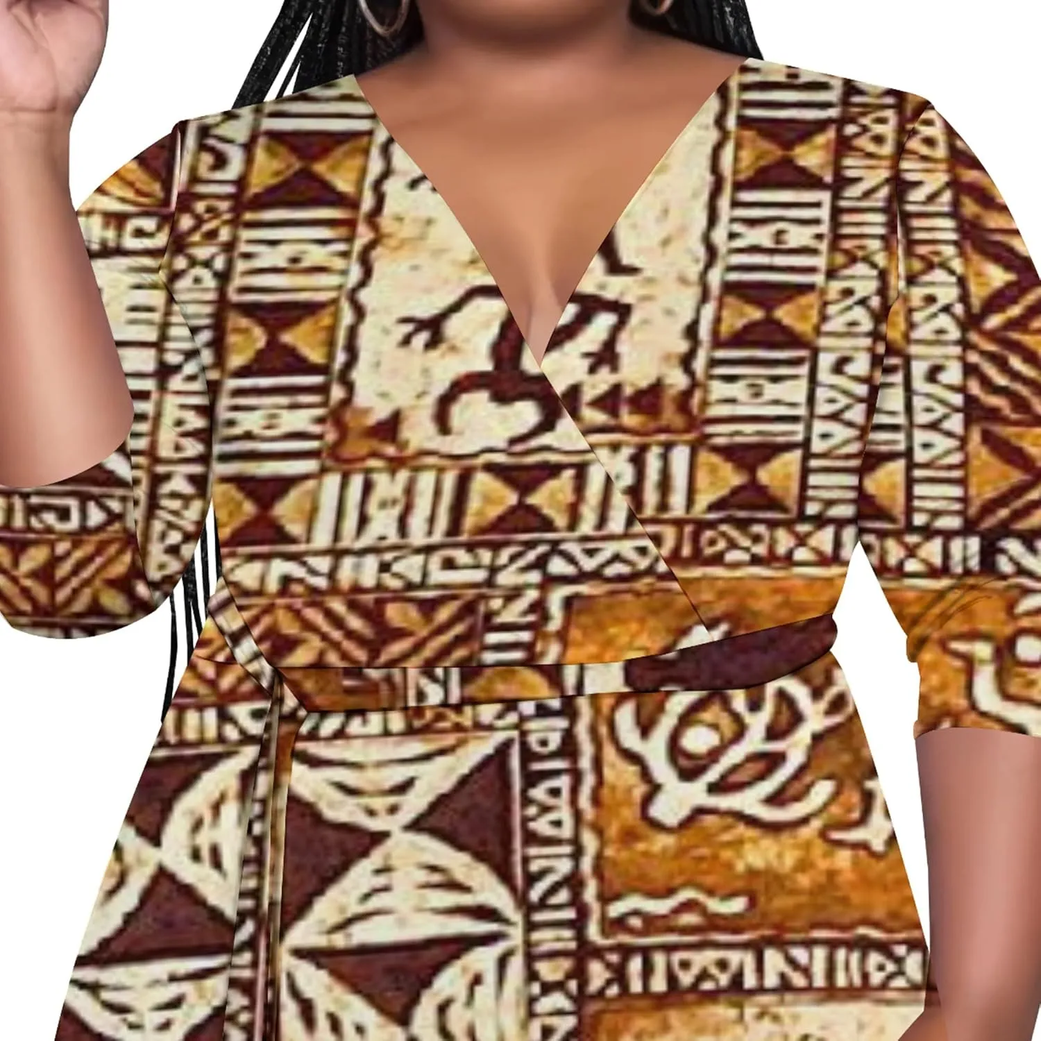 Women's Plus Size Maxi Dress Summer Casual 3/4 Sleeve African Style Fashion V Neck Sexy Flowing Dress with Belt