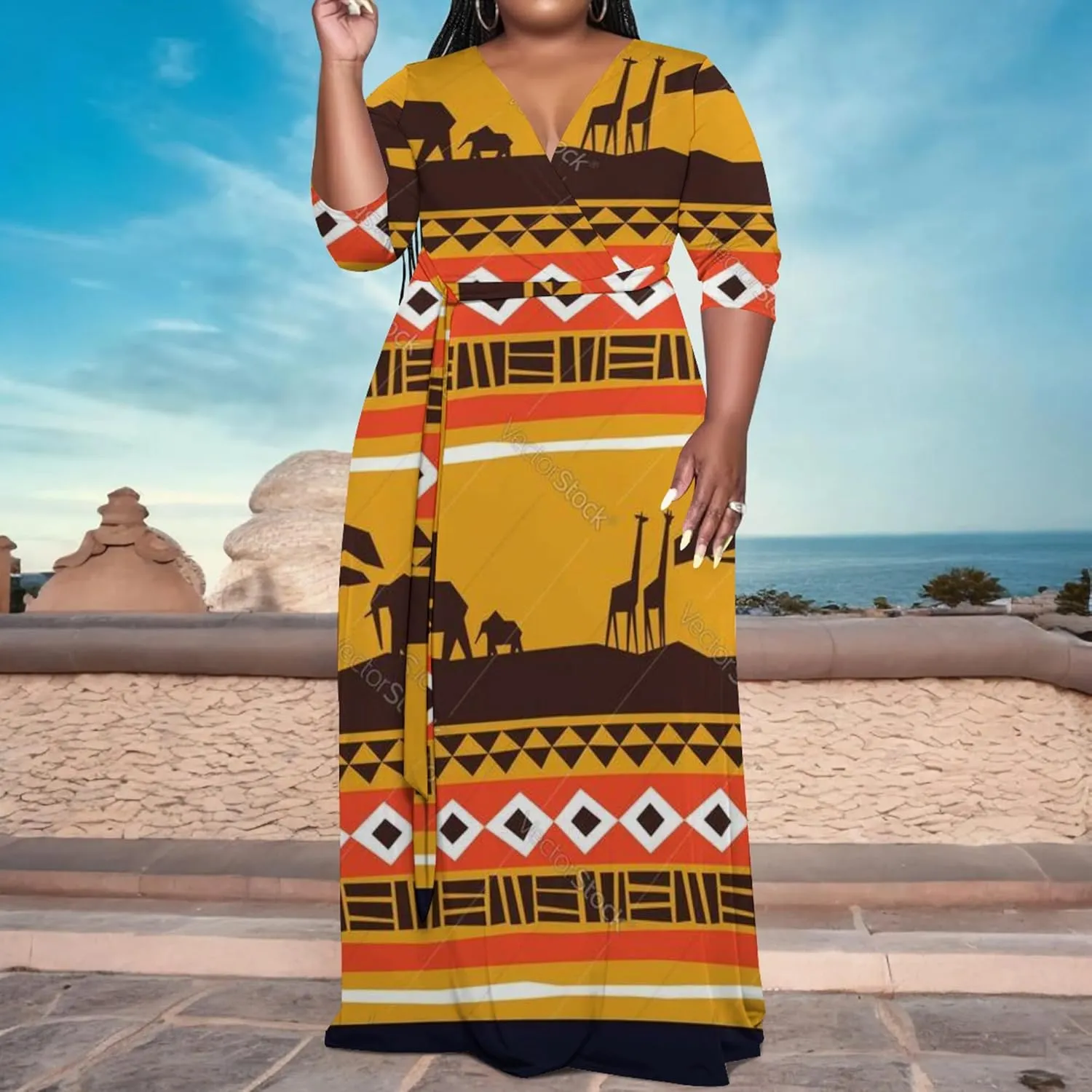 Women's Plus Size Maxi Dress Summer Casual 3/4 Sleeve African Style Fashion V Neck Sexy Flowing Dress with Belt