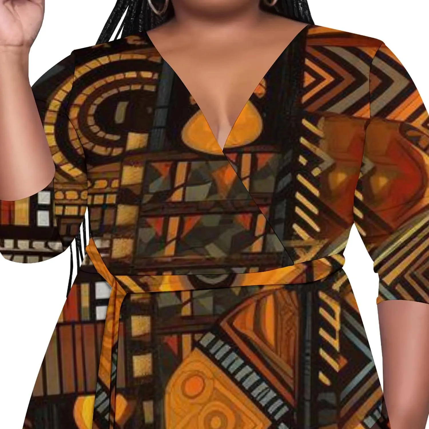 Women's Plus Size Maxi Dress Summer Casual 3/4 Sleeve African Style Fashion V Neck Sexy Flowing Dress with Belt