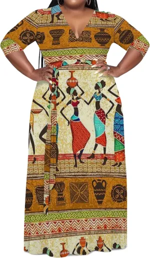 Women's Plus Size Maxi Dress Summer Casual 3/4 Sleeve African Style Fashion V Neck Sexy Flowing Dress with Belt