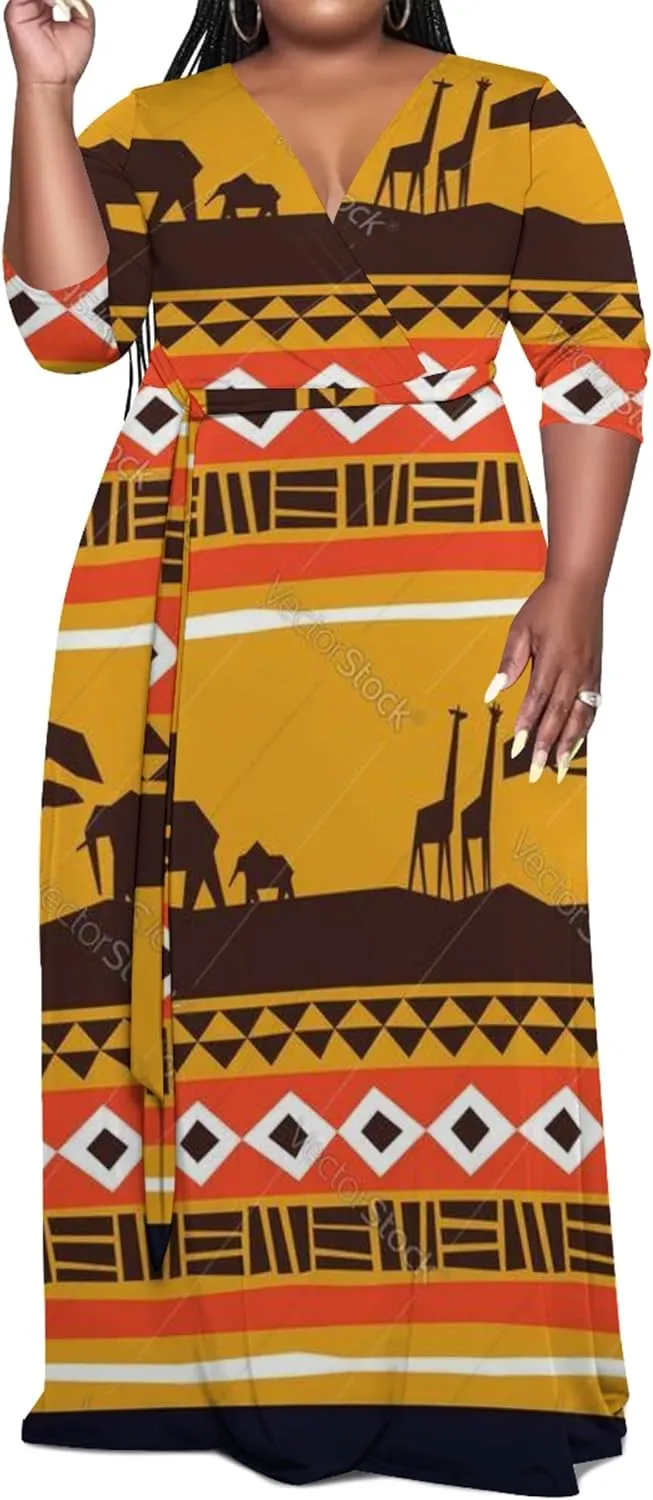 Women's Plus Size Maxi Dress Summer Casual 3/4 Sleeve African Style Fashion V Neck Sexy Flowing Dress with Belt