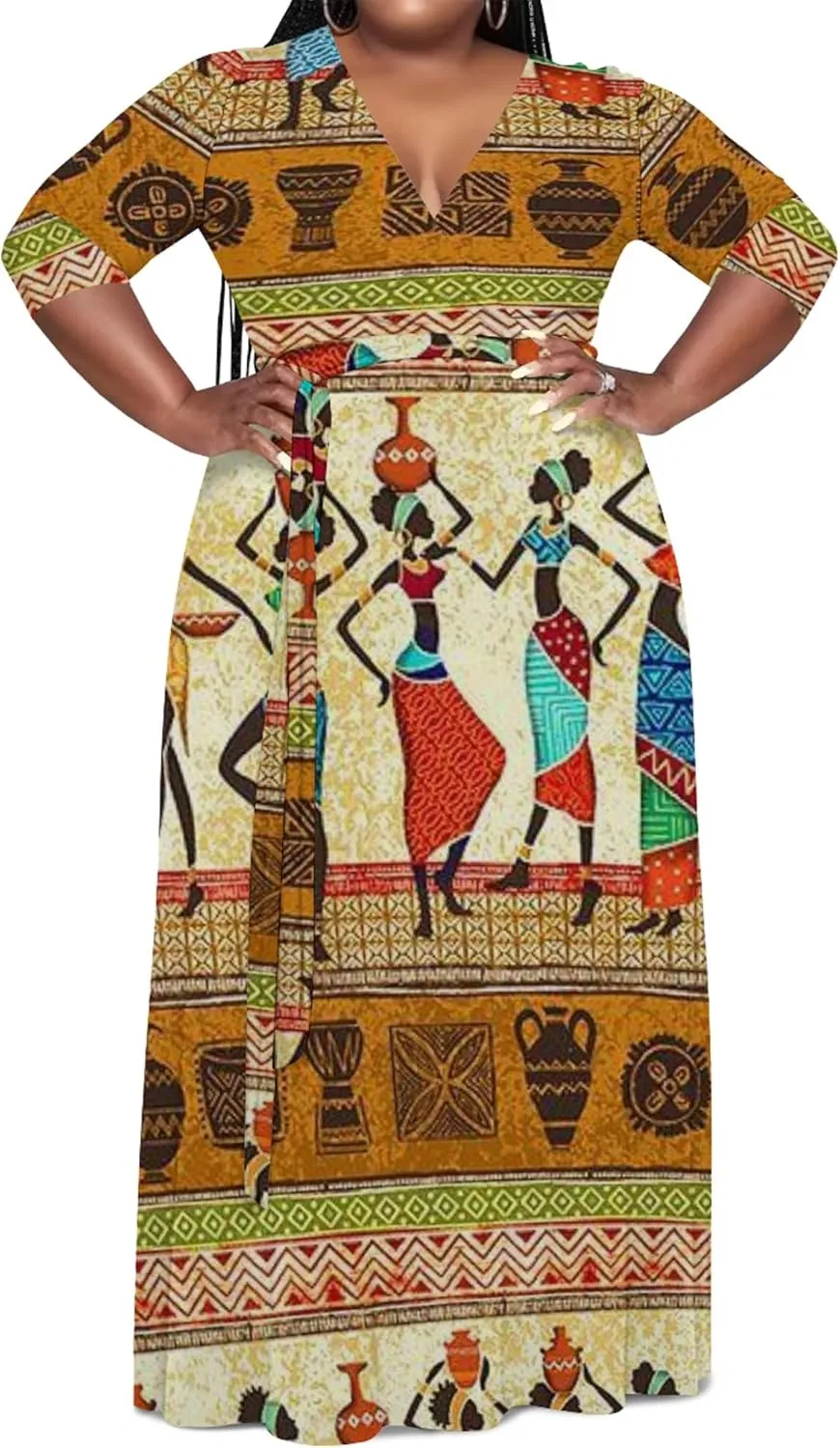 Women's Plus Size Maxi Dress Summer Casual 3/4 Sleeve African Style Fashion V Neck Sexy Flowing Dress with Belt