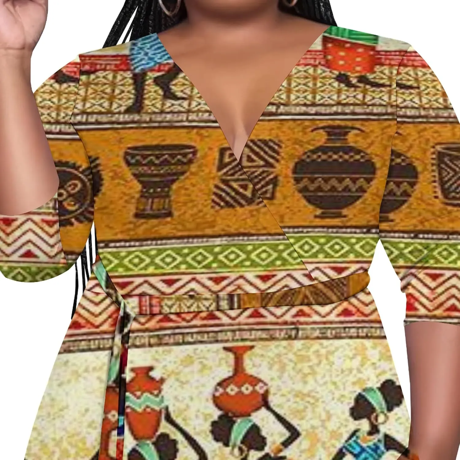 Women's Plus Size Maxi Dress Summer Casual 3/4 Sleeve African Style Fashion V Neck Sexy Flowing Dress with Belt