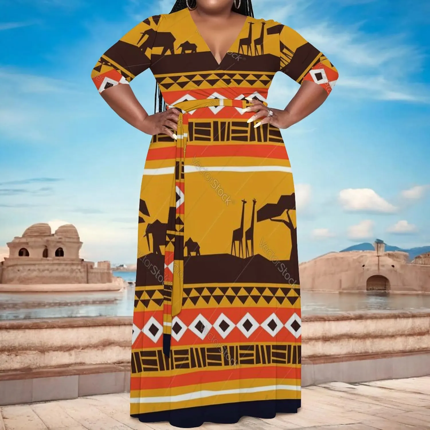 Women's Plus Size Maxi Dress Summer Casual 3/4 Sleeve African Style Fashion V Neck Sexy Flowing Dress with Belt