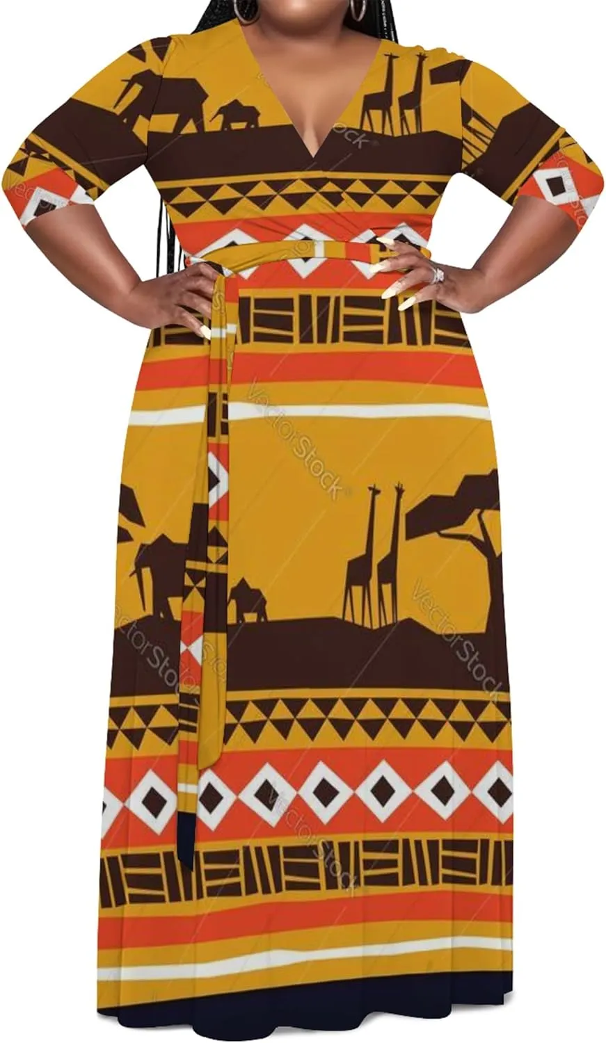 Women's Plus Size Maxi Dress Summer Casual 3/4 Sleeve African Style Fashion V Neck Sexy Flowing Dress with Belt