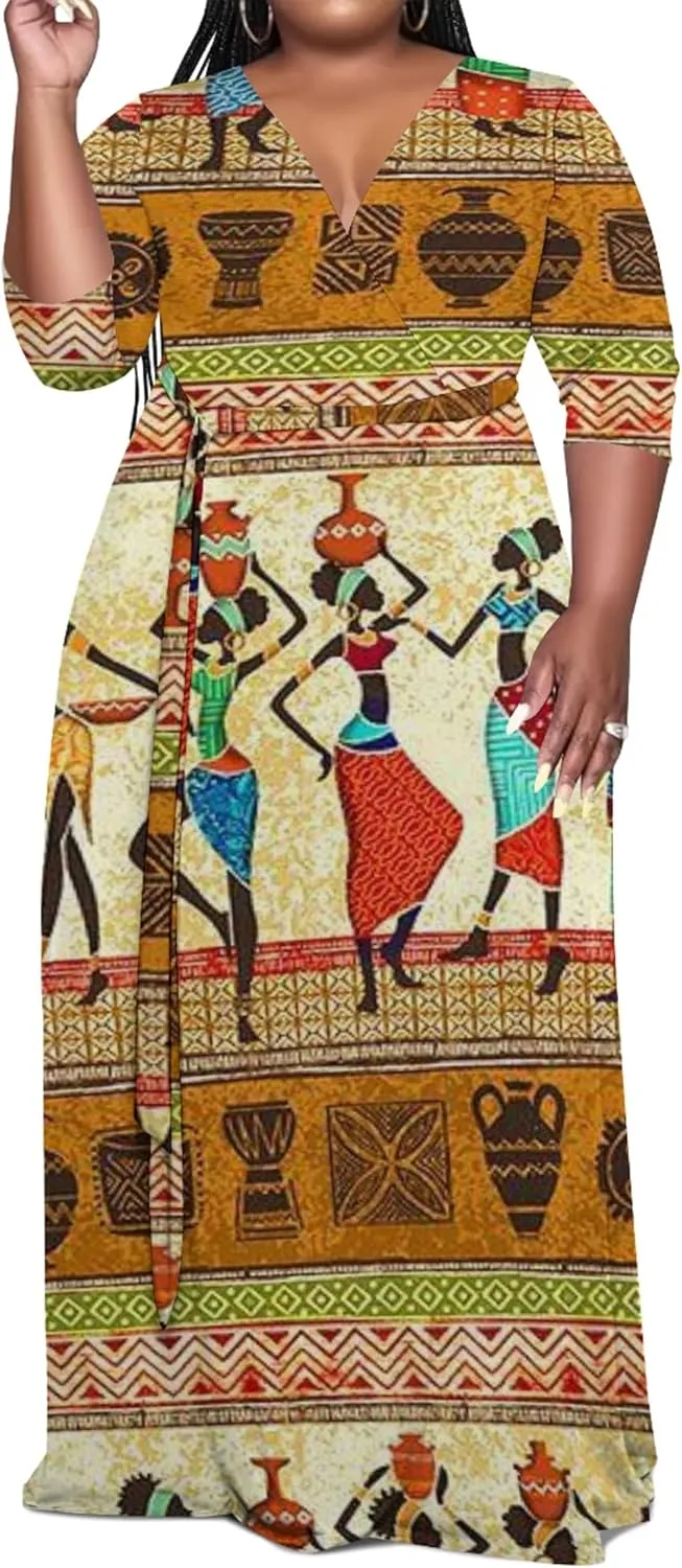 Women's Plus Size Maxi Dress Summer Casual 3/4 Sleeve African Style Fashion V Neck Sexy Flowing Dress with Belt
