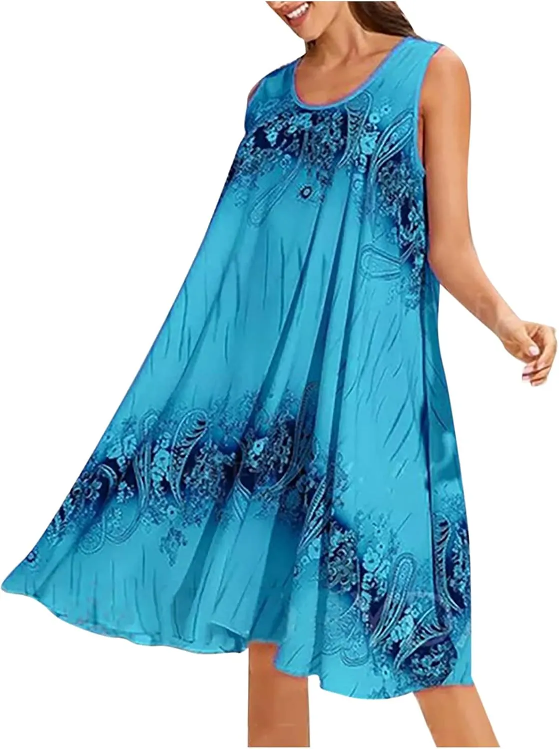 Women's Plus Size Sleeveless Summer Sundresses Swing Floral Swing Casual Midi Dress Beach Loose Flutter Sundress