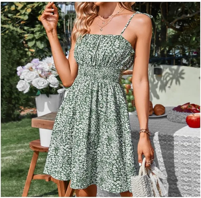 Womens Ruffle Sexy Tie Shoulder Floral Dress Summer Vacation Sleeveless A Line Mini Short Dresses
