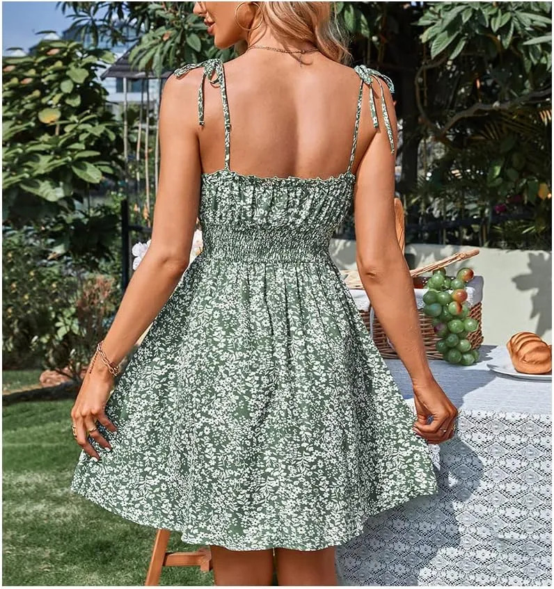 Womens Ruffle Sexy Tie Shoulder Floral Dress Summer Vacation Sleeveless A Line Mini Short Dresses