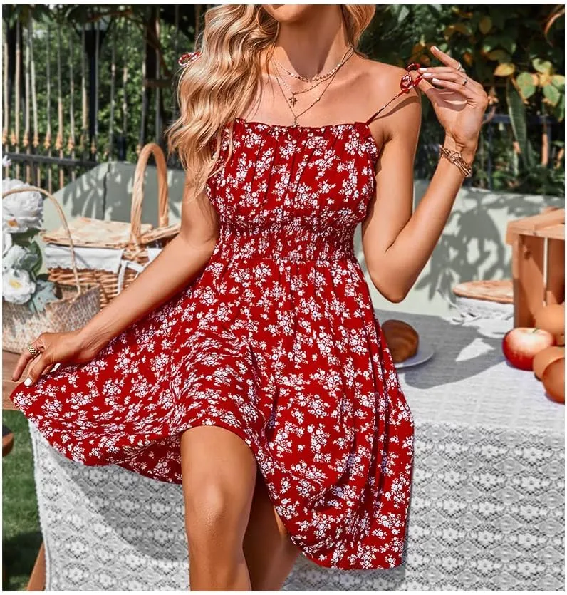 Womens Ruffle Sexy Tie Shoulder Floral Dress Summer Vacation Sleeveless A Line Mini Short Dresses