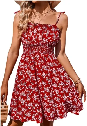 Womens Ruffle Sexy Tie Shoulder Floral Dress Summer Vacation Sleeveless A Line Mini Short Dresses