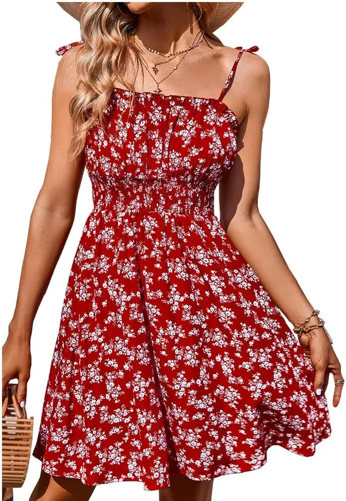 Womens Ruffle Sexy Tie Shoulder Floral Dress Summer Vacation Sleeveless A Line Mini Short Dresses