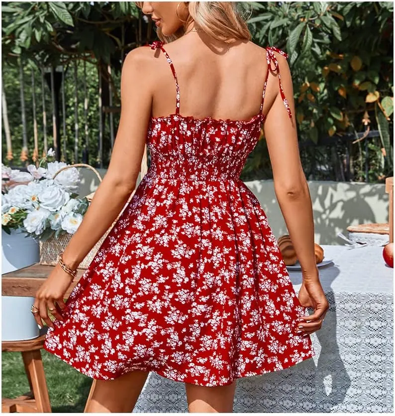 Womens Ruffle Sexy Tie Shoulder Floral Dress Summer Vacation Sleeveless A Line Mini Short Dresses
