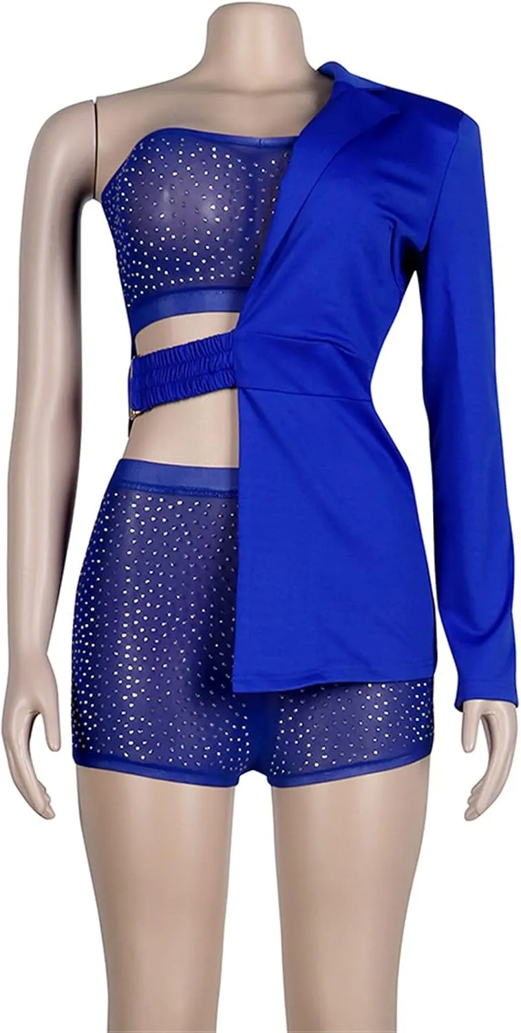 Womens Sexy 3 Pieces Rhinestone Crop Tops Bodycon Shorts Blazer Jackets Party Clubwear Tracksuit Outfits Set