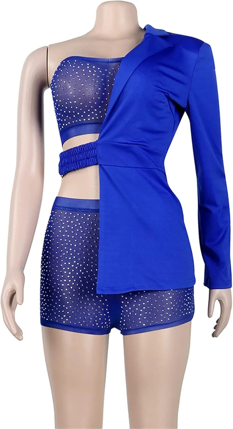 Womens Sexy 3 Pieces Rhinestone Crop Tops Bodycon Shorts Blazer Jackets Party Clubwear Tracksuit Outfits Set