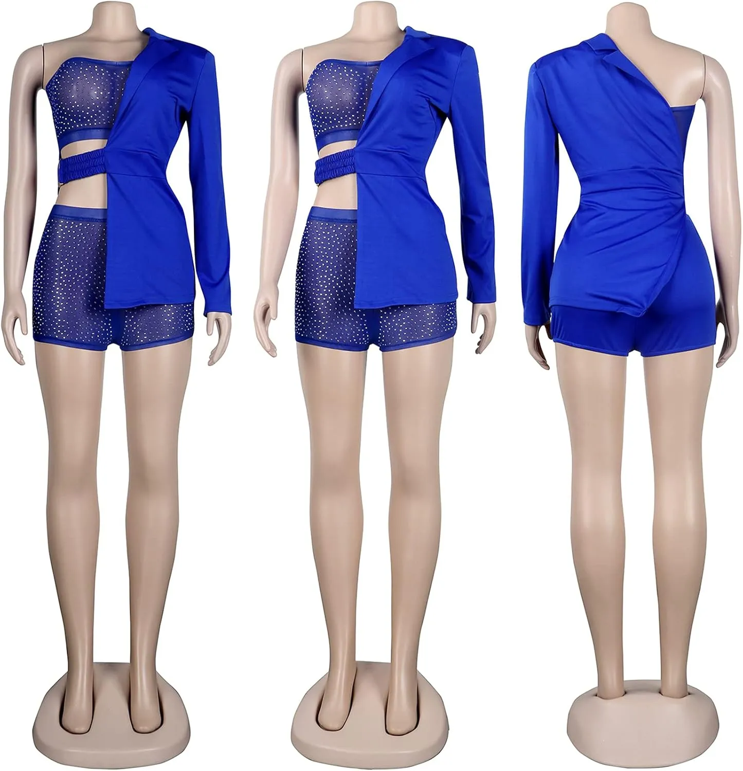 Womens Sexy 3 Pieces Rhinestone Crop Tops Bodycon Shorts Blazer Jackets Party Clubwear Tracksuit Outfits Set