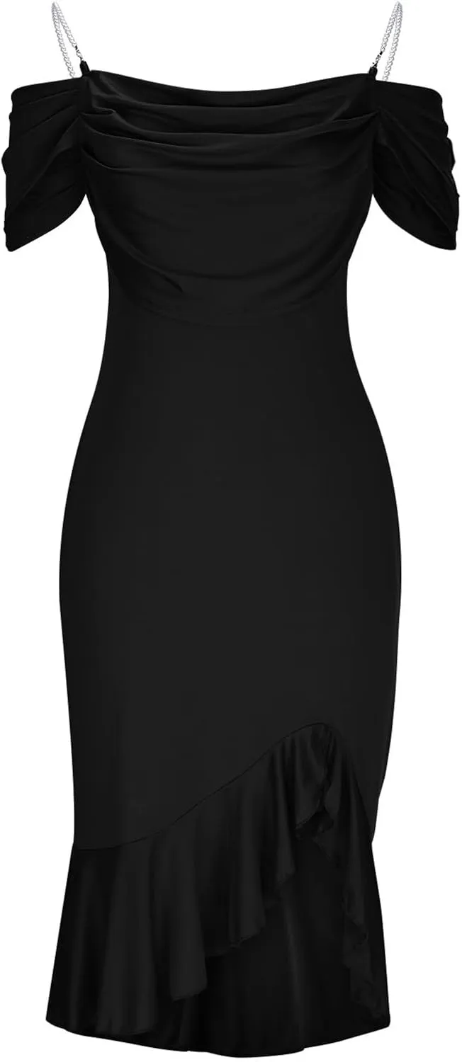 Womens Sexy Bodycon Party Dress Off The Shoulder Pearls Strap Midi Dresses Ruffle Hem Elegant Cocktail Formal Dresses