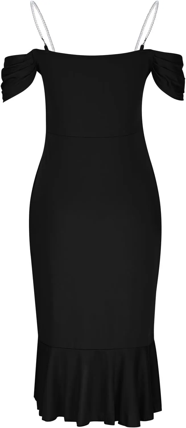 Womens Sexy Bodycon Party Dress Off The Shoulder Pearls Strap Midi Dresses Ruffle Hem Elegant Cocktail Formal Dresses