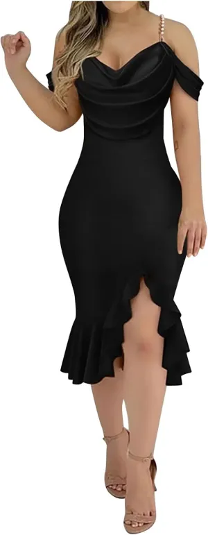 Womens Sexy Bodycon Party Dress Off The Shoulder Pearls Strap Midi Dresses Ruffle Hem Elegant Cocktail Formal Dresses