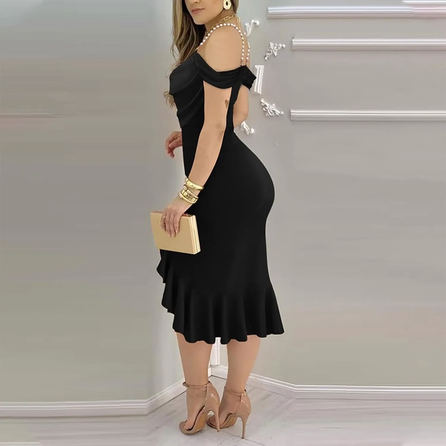 Womens Sexy Bodycon Party Dress Off The Shoulder Pearls Strap Midi Dresses Ruffle Hem Elegant Cocktail Formal Dresses