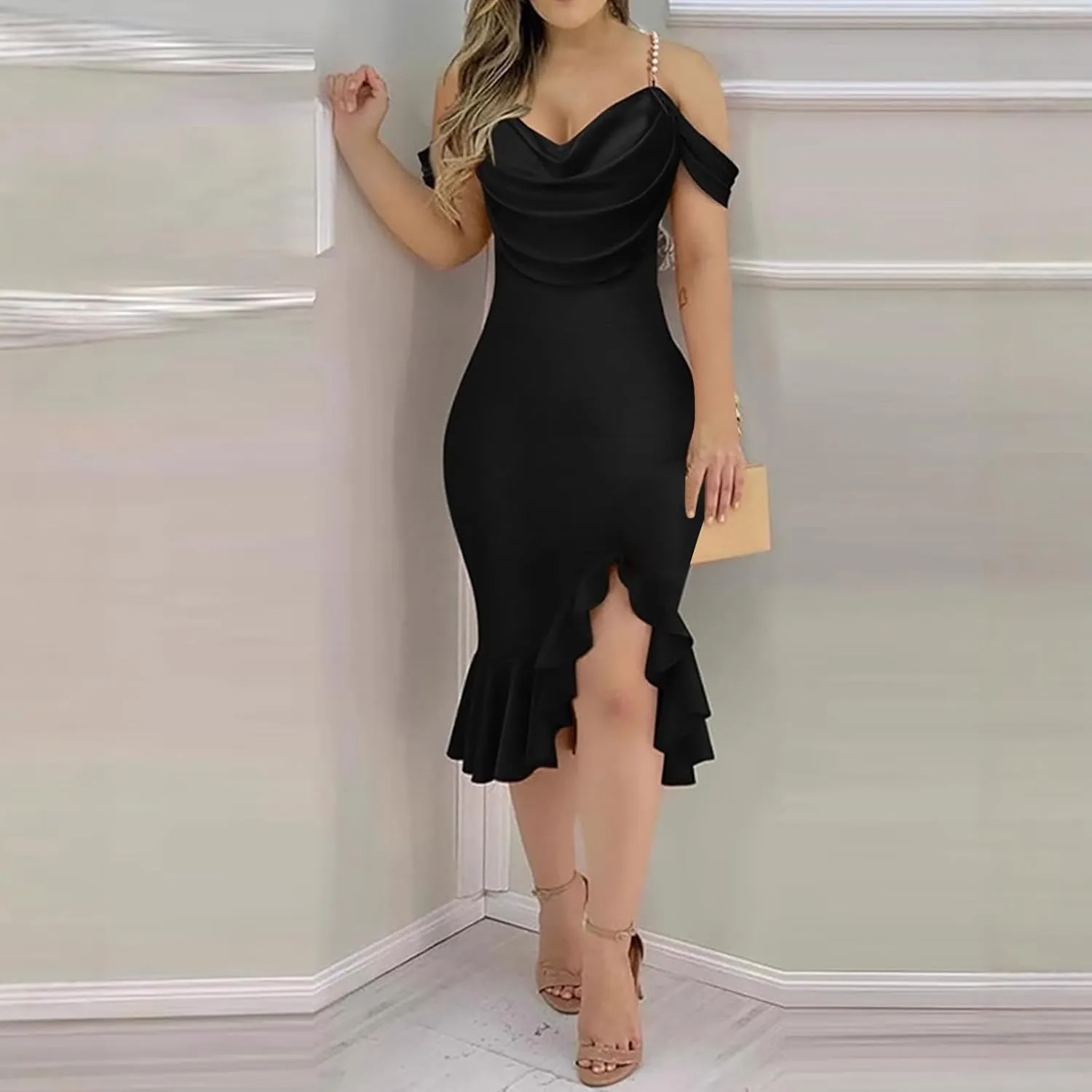 Womens Sexy Bodycon Party Dress Off The Shoulder Pearls Strap Midi Dresses Ruffle Hem Elegant Cocktail Formal Dresses