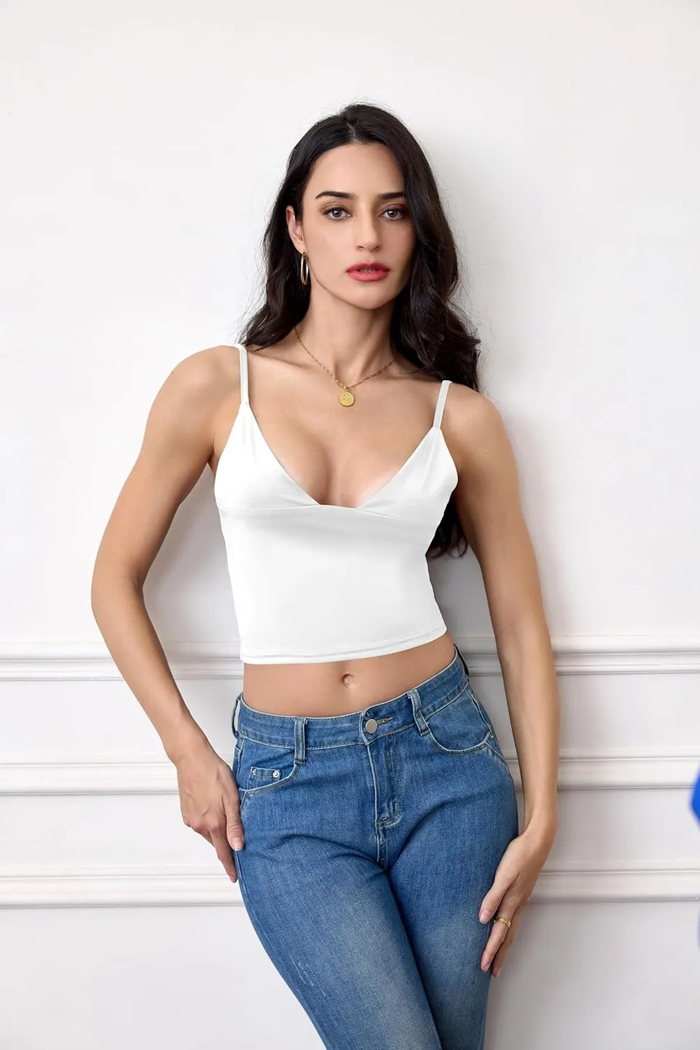 Women's Sexy Sleeveless Deep V Neck Camisole Tops Adjustable Spaghetti Straps Slim Fit Crop Tank Tops