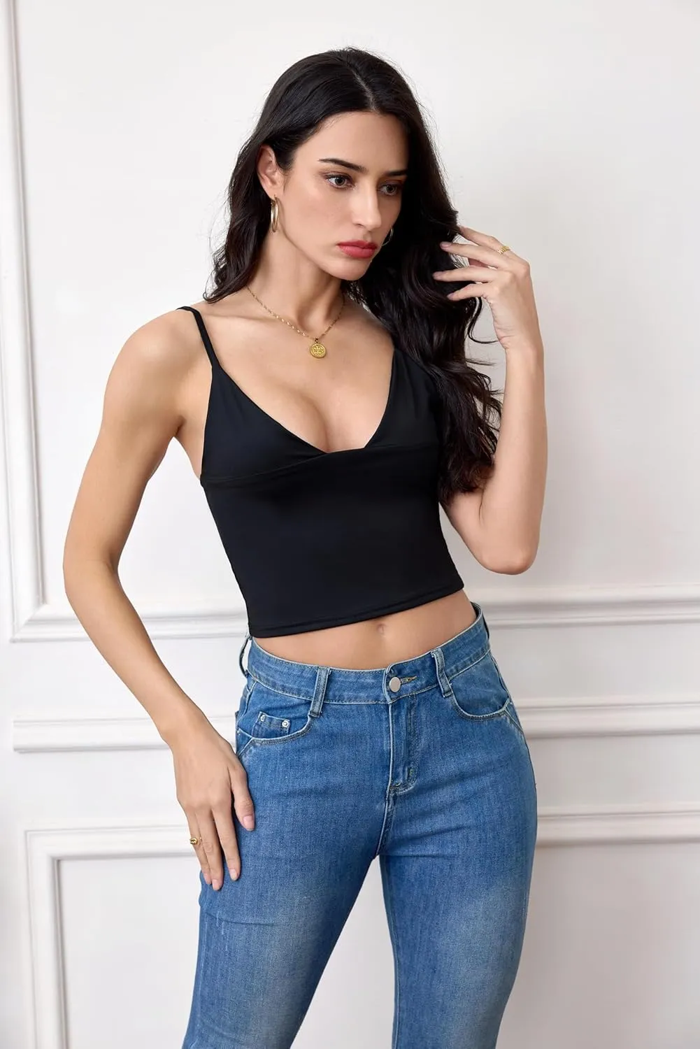 Women's Sexy Sleeveless Deep V Neck Camisole Tops Adjustable Spaghetti Straps Slim Fit Crop Tank Tops
