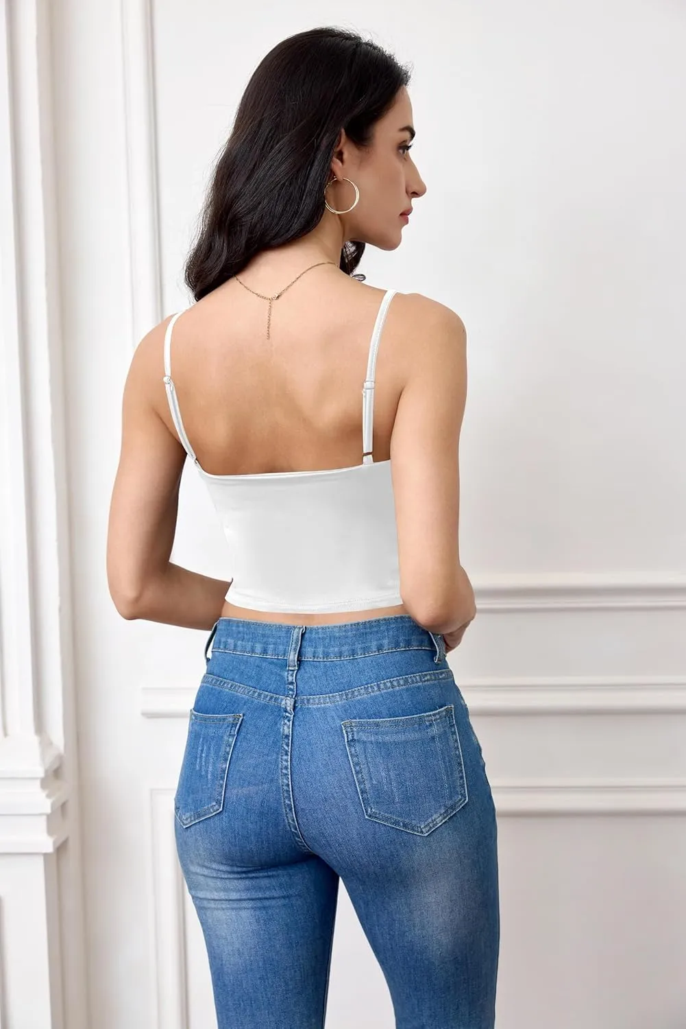 Women's Sexy Sleeveless Deep V Neck Camisole Tops Adjustable Spaghetti Straps Slim Fit Crop Tank Tops